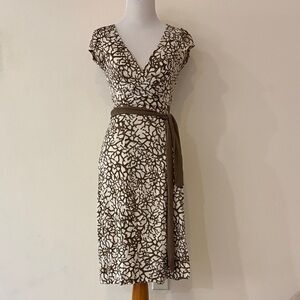 Diane Von Furstenberg Brown and Cream Printed Wrap Midi Dress - SILK KNIT